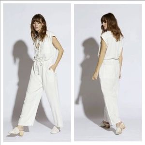 NSF Clothing Helga Cinched Waist Wide Leg Jumpsuit, Size Medium - White Linen